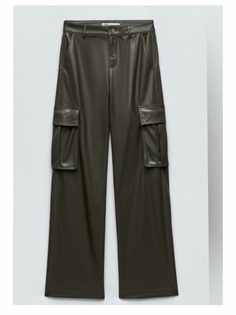 ZARA Faux Leather Cargo Wide-Leg Pants - Olive